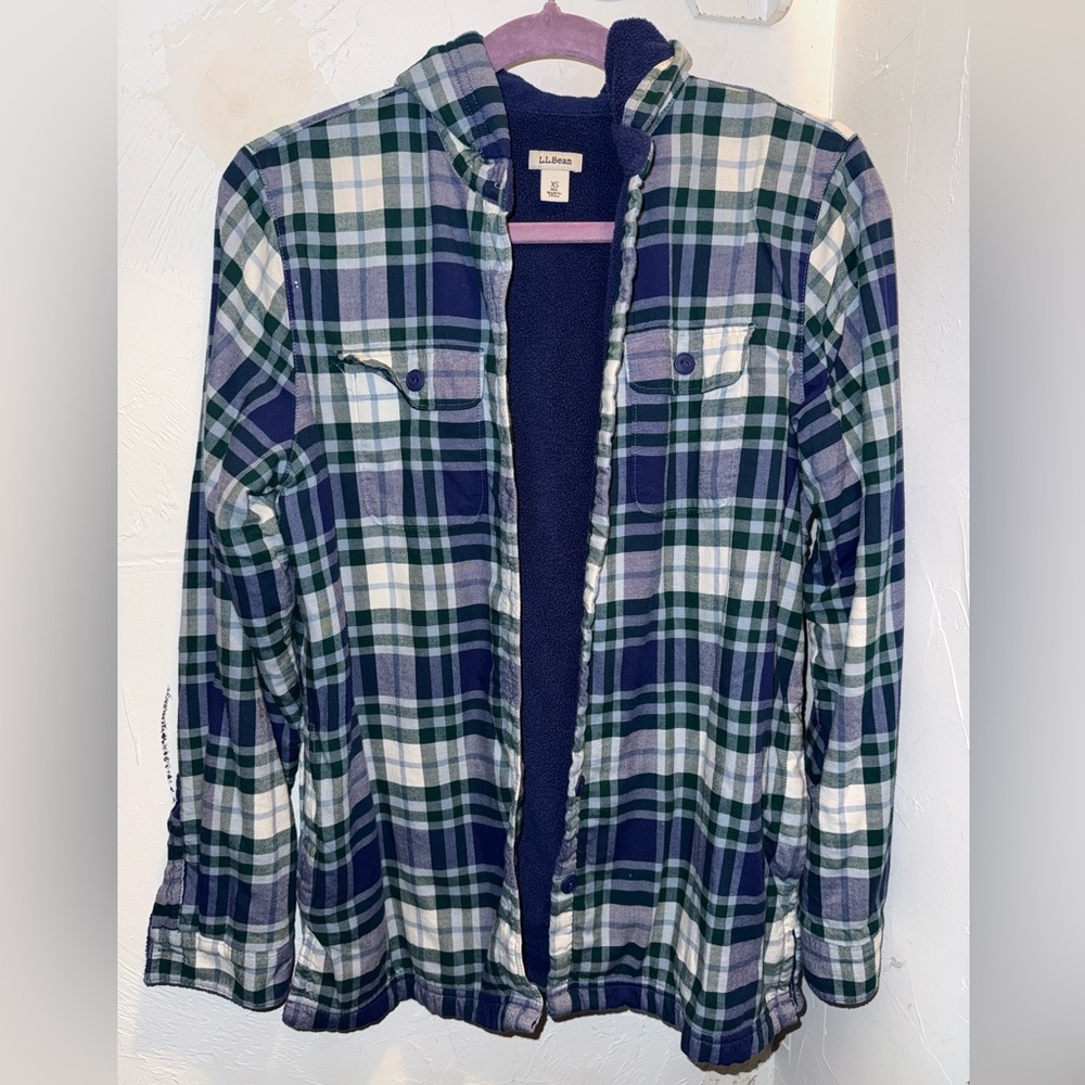 L.L. Bean Blue & Green Fleece-Lined Flannel Jacket with Hood